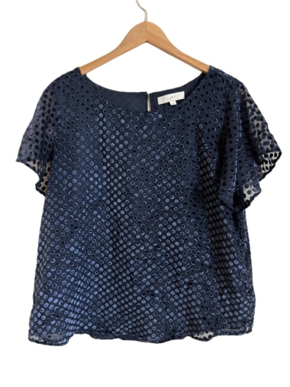 LOFT Velvet Dot Flutter Sleeve Blouse Plus XXL Navy Polka Dot Lined Top Workwear